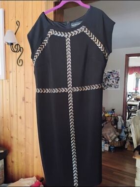 Colleen Lopez Black Midi Dress with Gold Beaded Trim Chevron Cross.